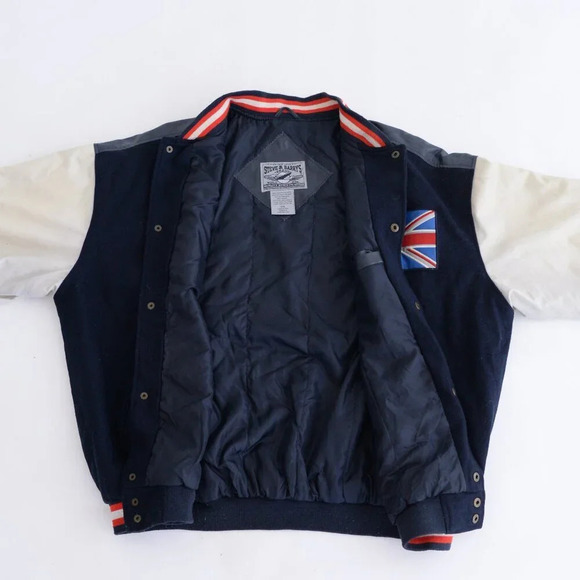 Vintage 90S Steve And Barrys British Flag Navy And Cream Wool Blend Faux Leather - Picture 6 of 16